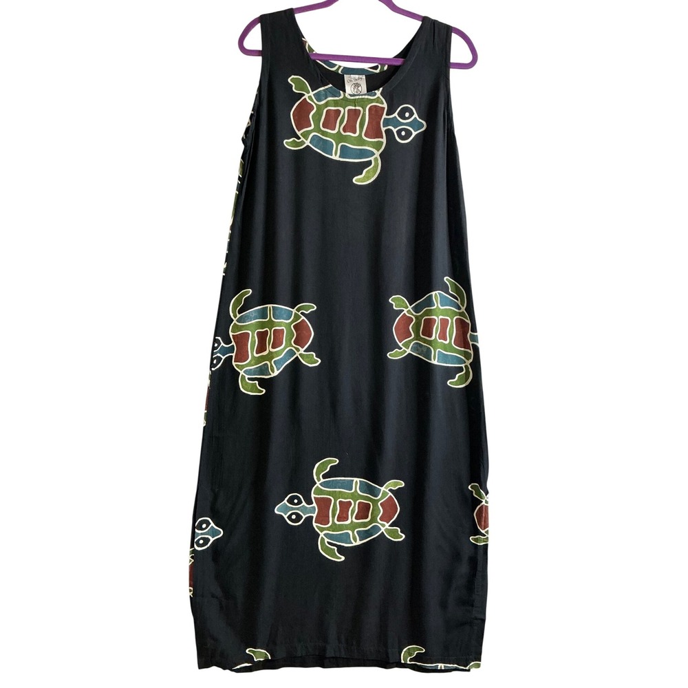 Oh Baby Maui Dress Women's Medium Turtle Print‎ Maxi Dress Sleeveless Casual